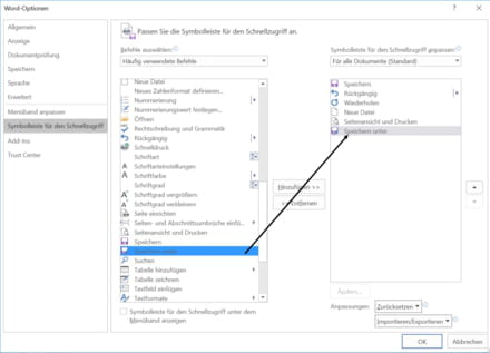 Symbolleiste für den Schnellzugriff in Word anpassen